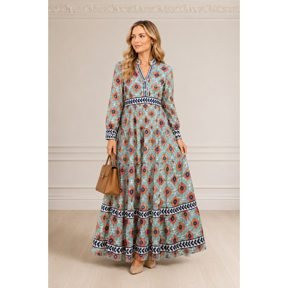CK Bradley Metallic Floral Maxi Dress M Blue Coral Gold Lurex Tiered Preppy Boho
